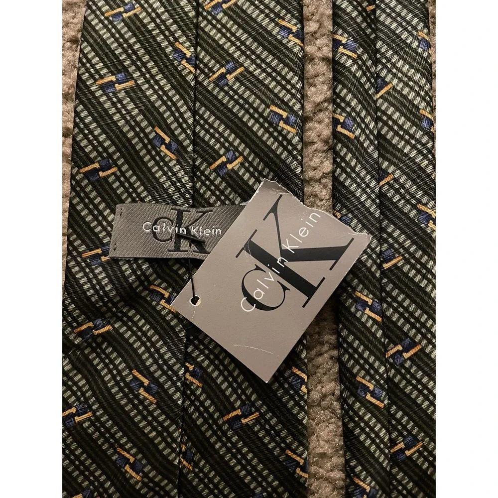 Calvin Klein Neckwear Tie Green Gold Blue Striped USA 100% Silk New NWT JBHS